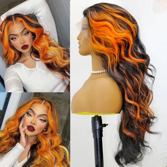 Orange Black Skunk Stripe 13x4x1 Lace Wig – Long Wavy Heat-Resistant Wig - Picture 1 of 5